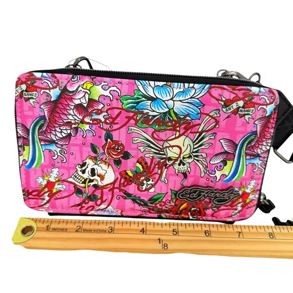 Ed Hardy Women's Crossbody Wallet With Strap Pink Tattoo Print Vegan Leather NWT - Picture 11 of 12